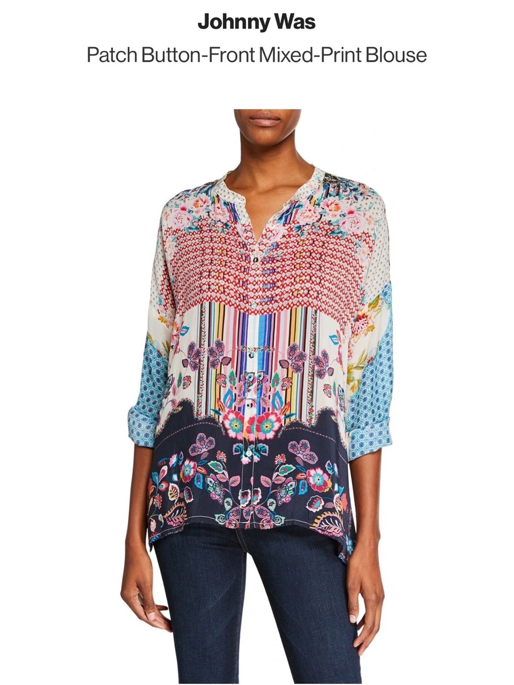 Johnny Was Multicolor Patchwork Floral Stripe Button-Front Blouse Shirt Large